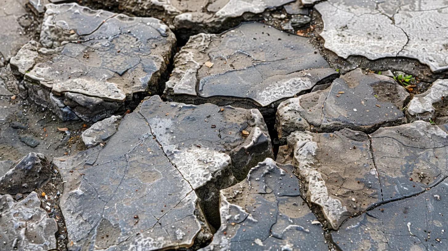 Cracked and uneven concrete sidewalk slabs creating potential trip hazards, highlighting the importance of timely maintenance and repair to reduce liability risks for property owners.