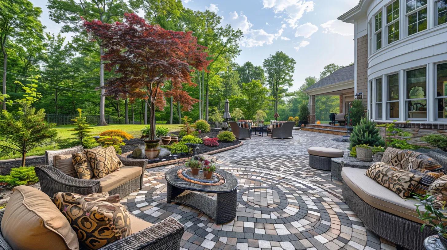Paver patio with intricate design, surrounded by lush greenery and outdoor seating, showcasing a blend of aesthetics and functionality for outdoor living spaces.
