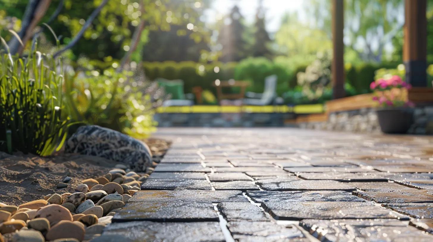 Paver patio installation with stone edging, surrounded by greenery and a blurred outdoor seating area, illustrating outdoor aesthetic options for Milwaukee homeowners.