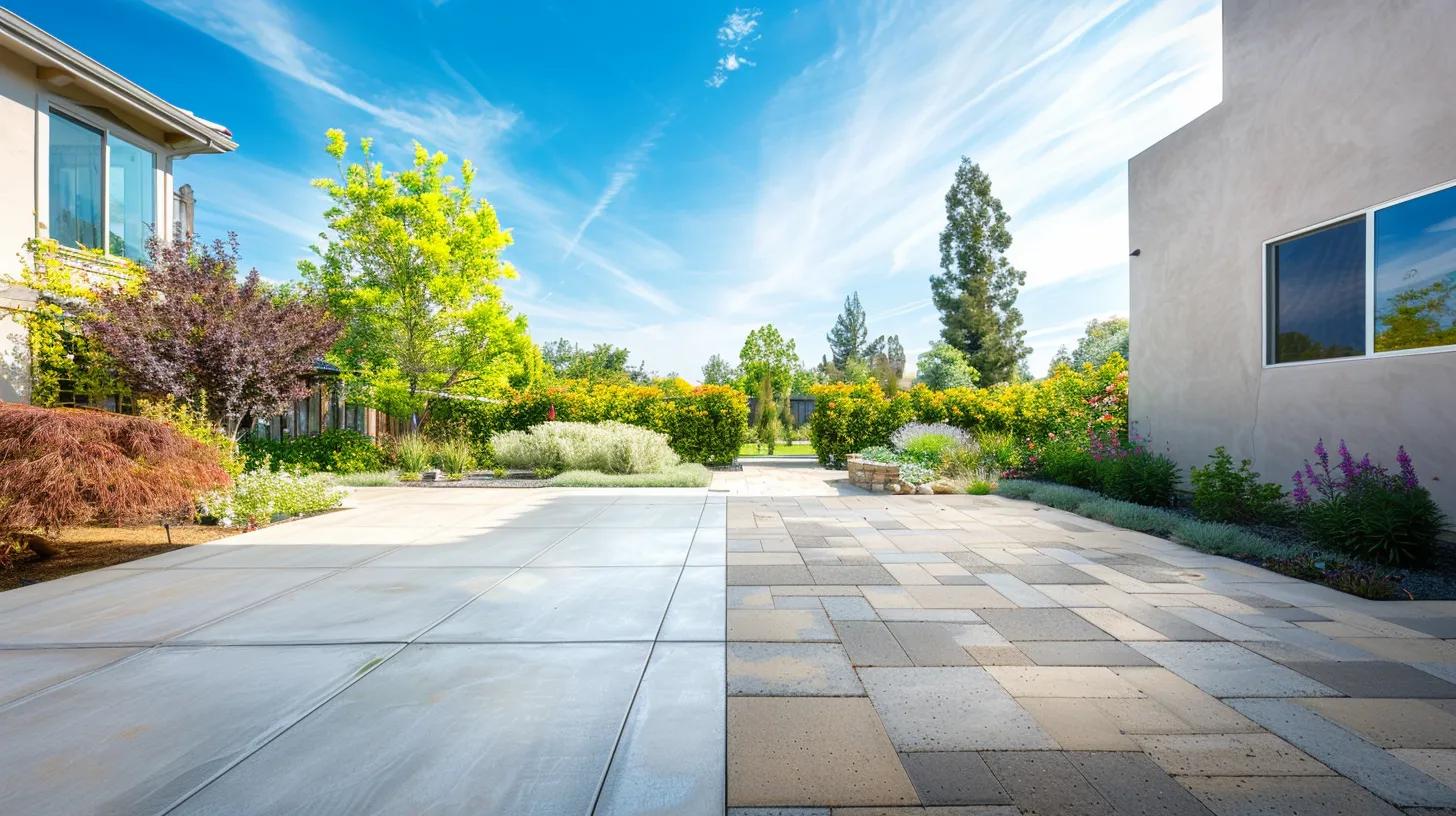 Concrete patio and paver patio side by side in a landscaped outdoor setting, showcasing differences in texture and design for Milwaukee homeowners.