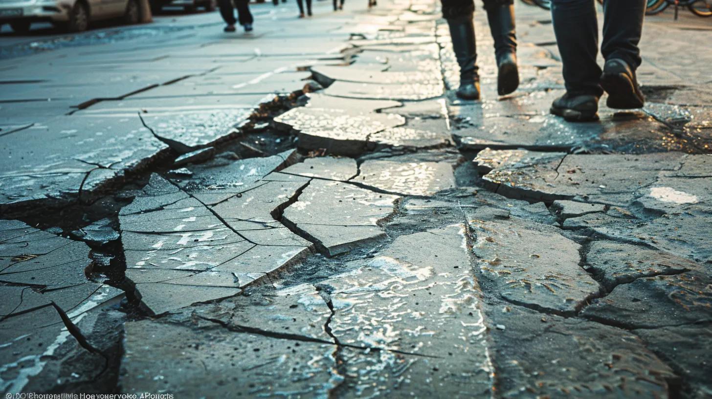 Cracked sidewalk with visible damage and water pooling, illustrating liability risks for property owners in Milwaukee.