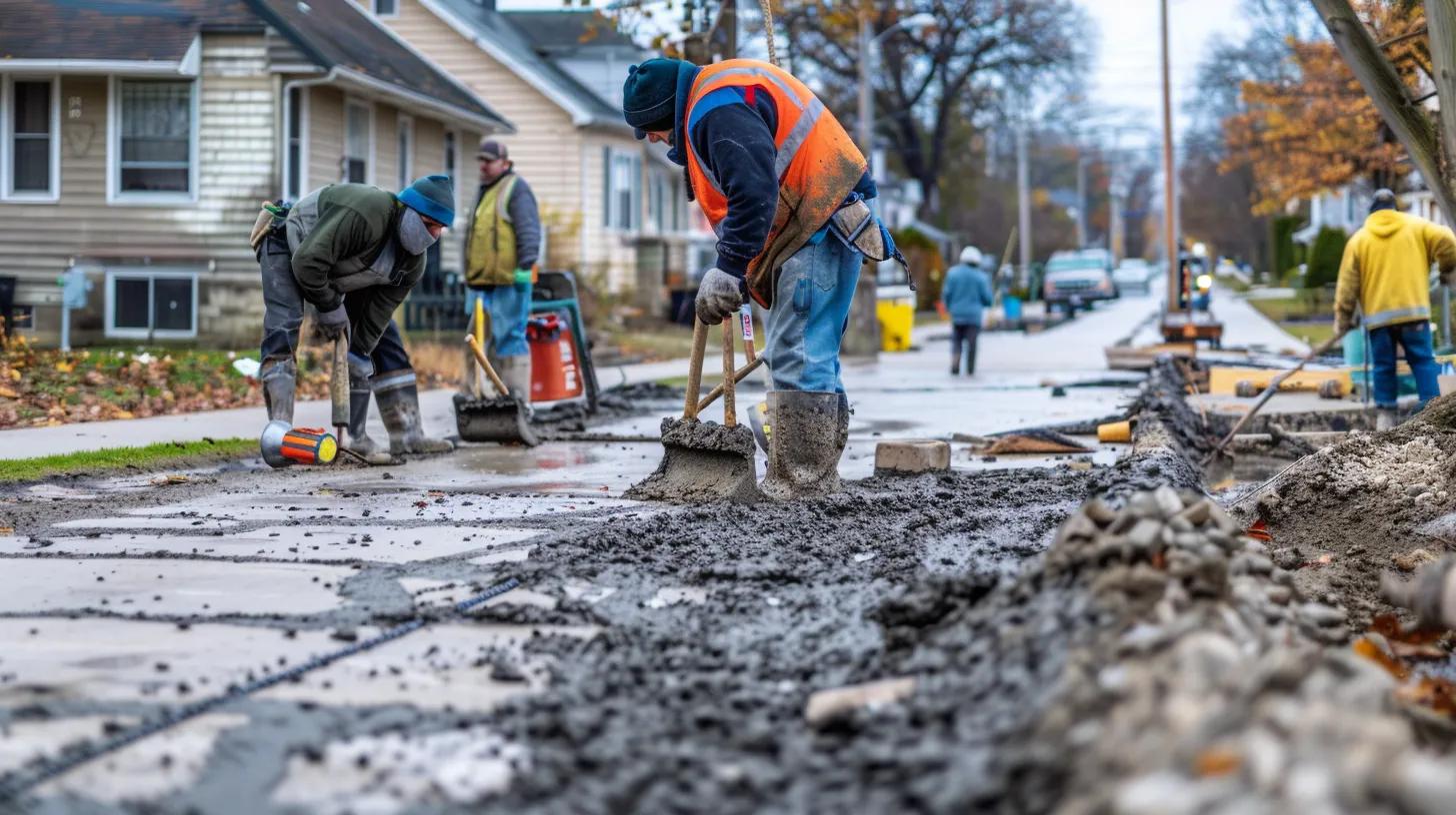 Workers repairing sidewalk with fresh concrete, addressing trip hazards and improving safety in Milwaukee.