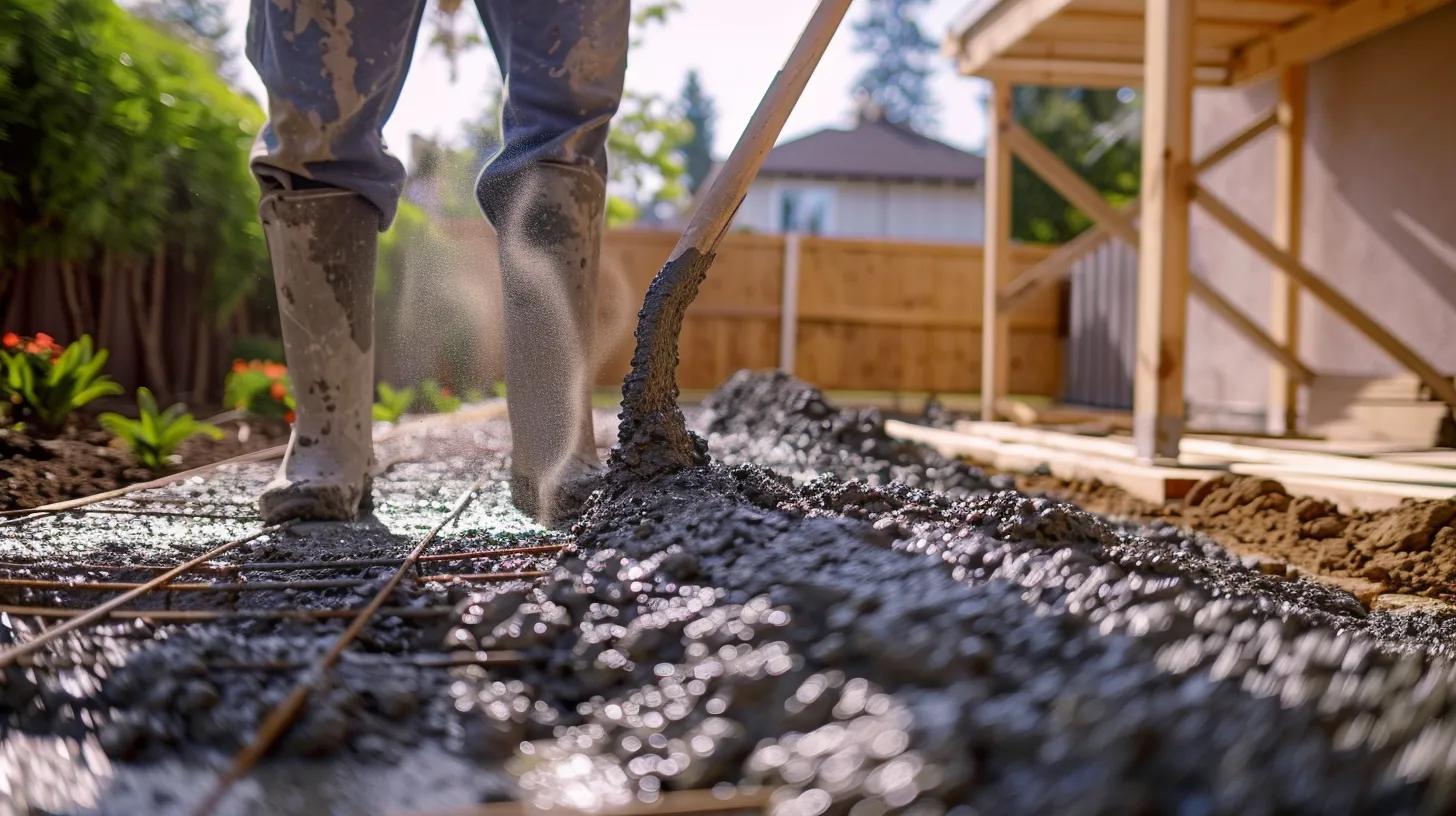 Worker pouring concrete for patio installation, surrounded by garden elements, emphasizing practical steps in concrete patio construction.