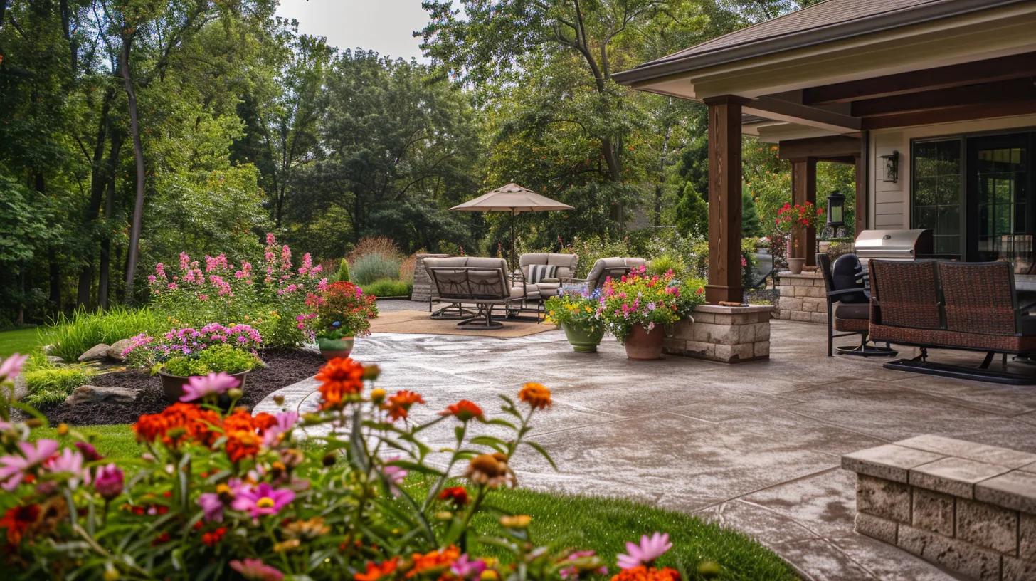 Stylish concrete patio featuring comfortable seating, vibrant flower pots, and lush greenery in a Milwaukee backyard setting.