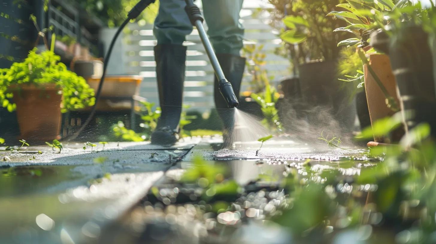 Person using a pressure washer on a concrete patio surrounded by potted plants, demonstrating routine maintenance for outdoor spaces.