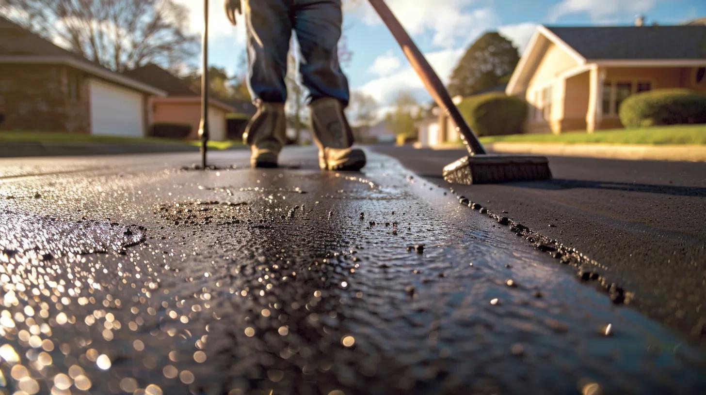 Worker applying asphalt sealant on driveway with broom, showcasing maintenance process for longevity and durability, relevant to concrete vs. asphalt comparison for Milwaukee homeowners.