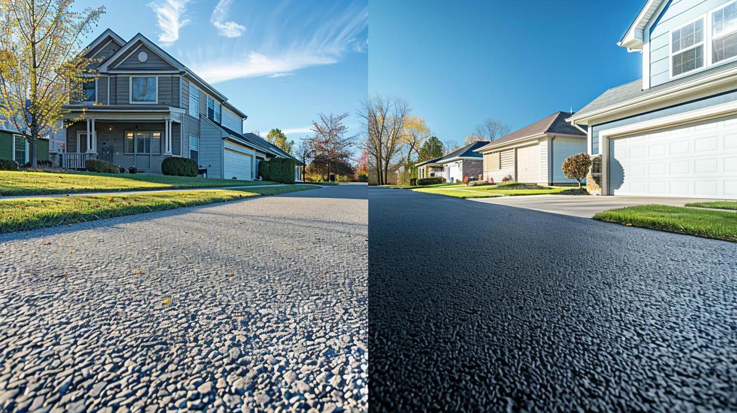 Comparison of concrete driveway on the left and asphalt driveway on the right, showcasing two residential properties in Milwaukee with clear skies and well-maintained lawns.