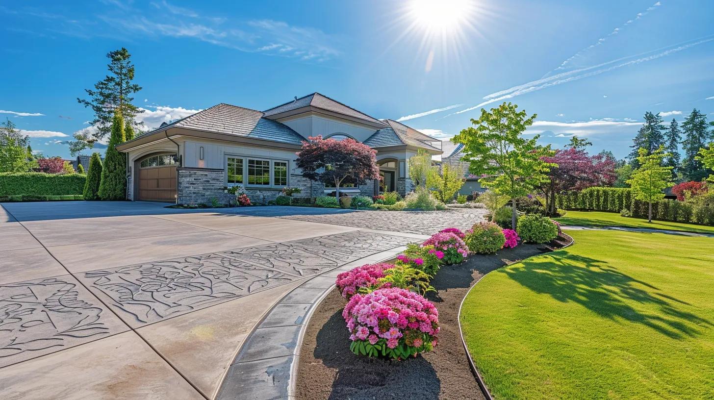 Residential driveway featuring decorative stamped concrete, colorful flower beds, and a well-maintained lawn, showcasing aesthetic appeal for homeowners considering driveway materials.