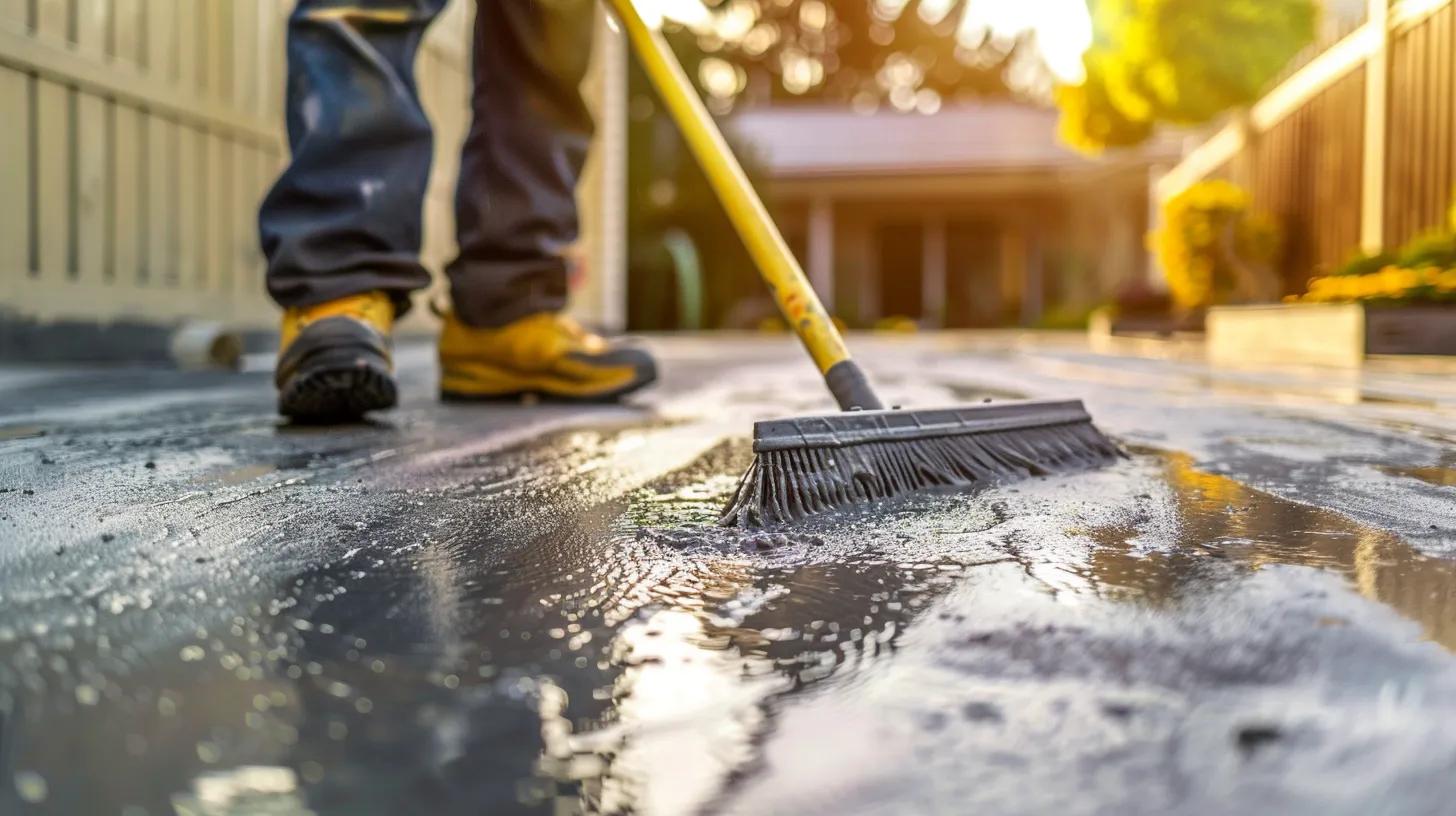 Person sweeping a wet concrete surface, emphasizing routine maintenance for driveway upkeep in Wisconsin's climate.