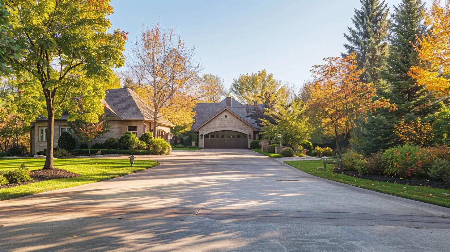 Residential property featuring a concrete driveway surrounded by lush greenery and colorful autumn foliage, emphasizing durability and curb appeal in Wisconsin's climate.