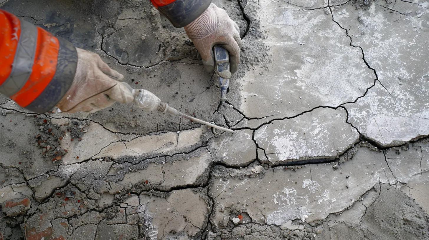 Worker repairing cracked concrete surface with tools, emphasizing maintenance for durability of concrete driveways in Wisconsin.