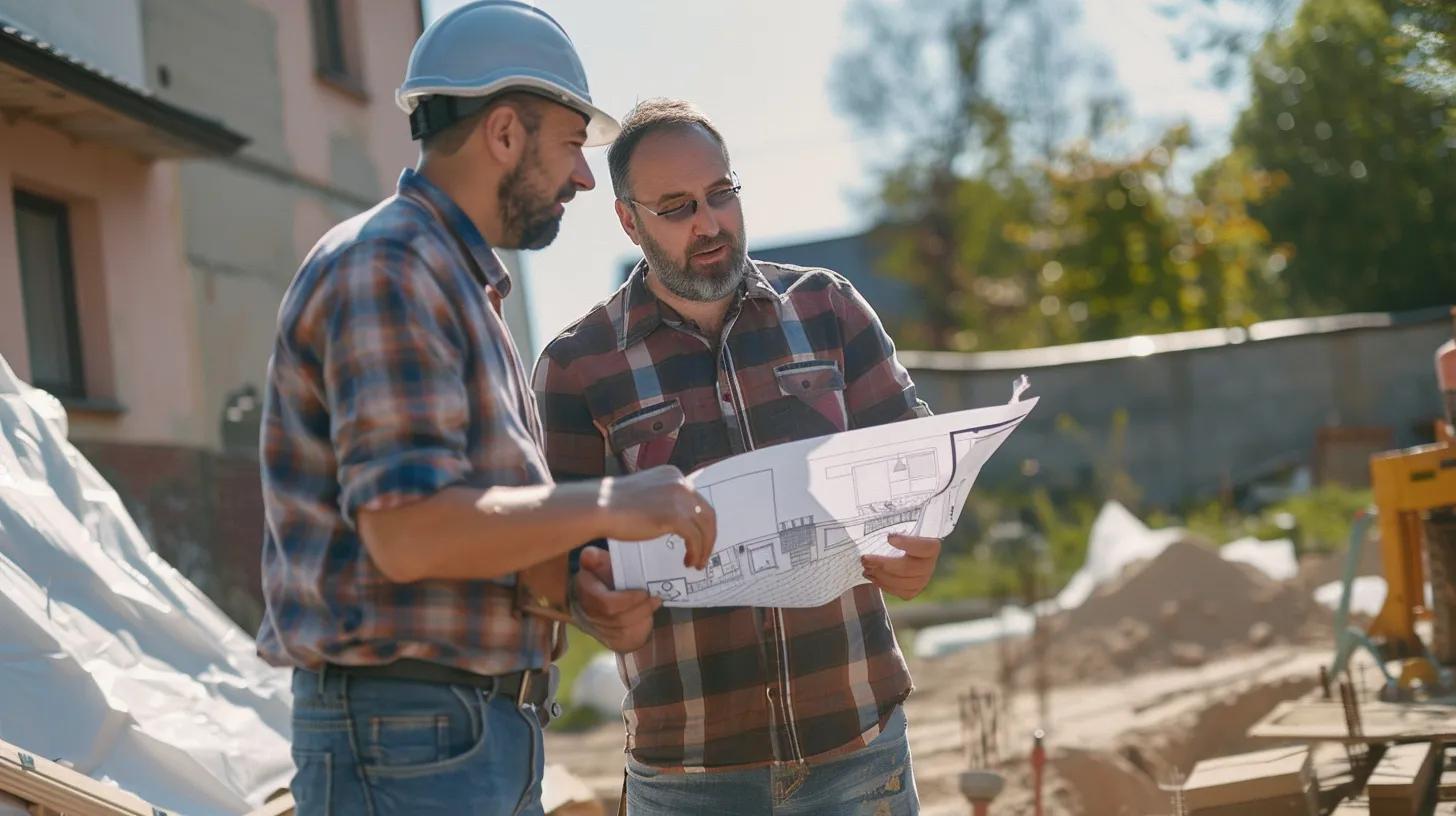 Two construction workers reviewing blueprints on a job site, discussing sidewalk installation plans amidst construction materials and equipment.