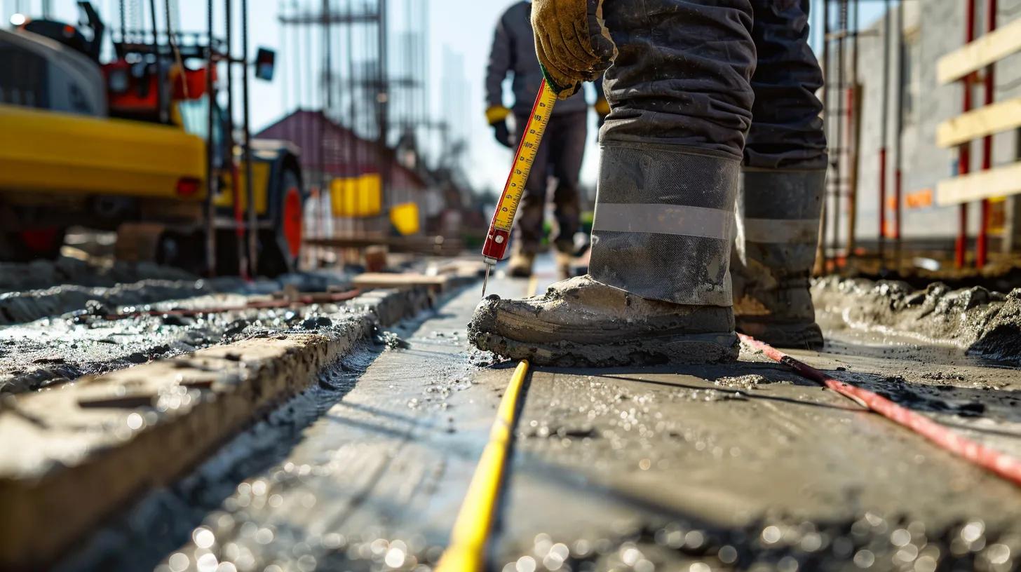 Construction worker measuring freshly poured concrete sidewalk with a tape measure, emphasizing precision in sidewalk installation for Milwaukee homeowners.