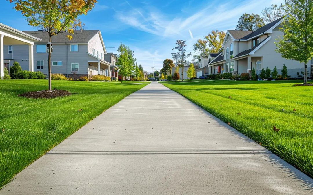 Concrete sidewalk installation in a residential area, featuring well-maintained grass and modern homes in Milwaukee, showcasing quality workmanship and curb appeal.