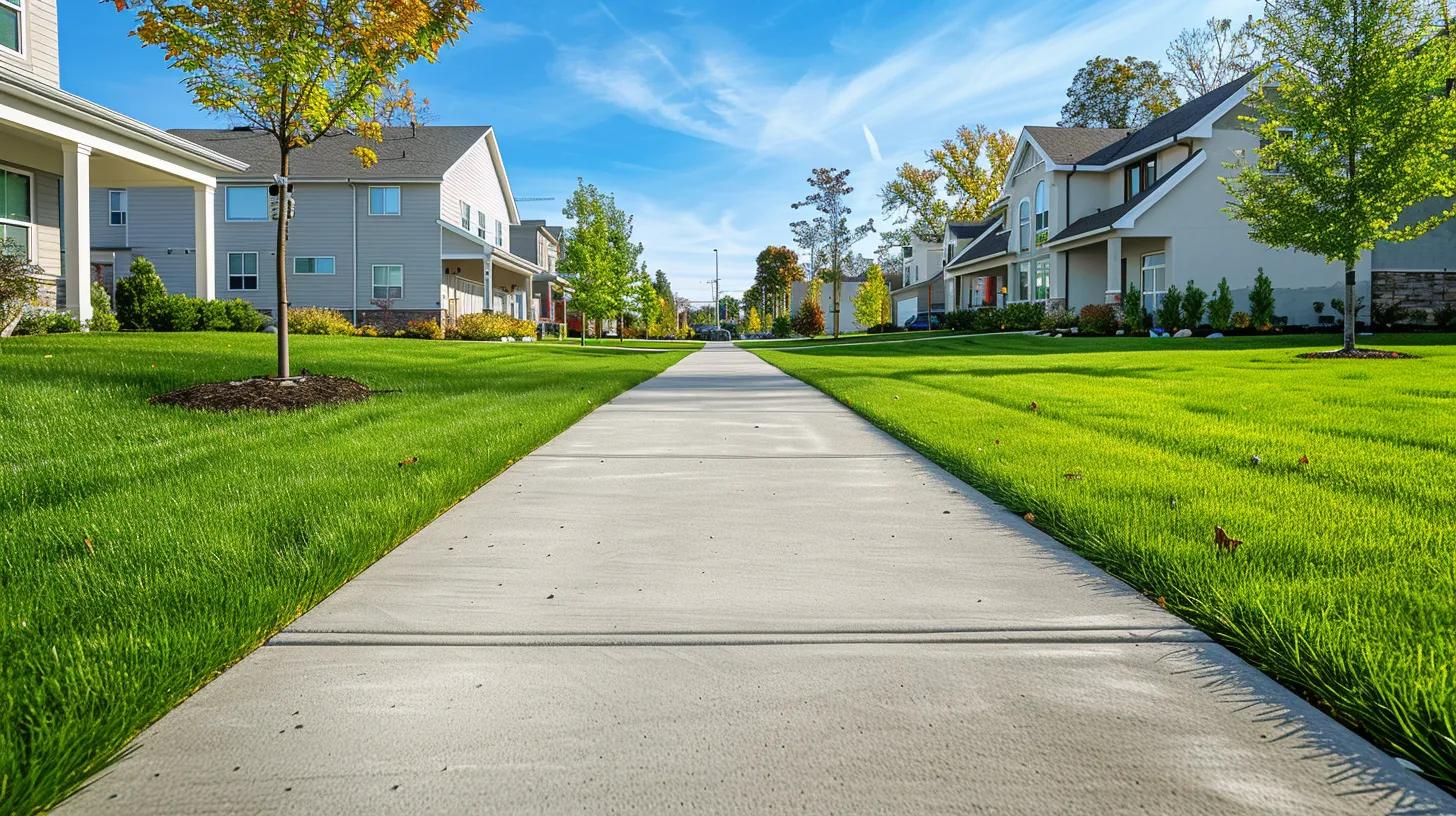 Concrete sidewalk in a residential area with well-maintained grass and trees, illustrating quality sidewalk installation for Milwaukee homeowners.