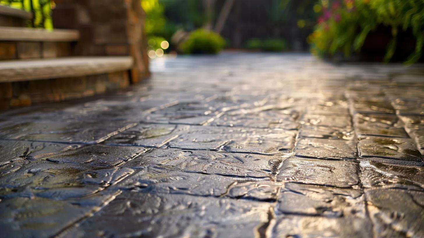 Decorative stamped concrete patio with textured surface, showcasing intricate patterns and a wet sheen, surrounded by lush greenery and steps in a residential outdoor setting.