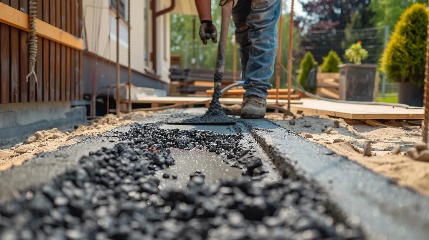 Concrete installation process with worker pouring fresh concrete for patio, showcasing tools, textured surface, and surrounding construction area.