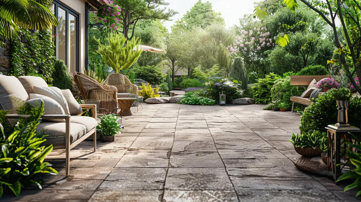 Elegant outdoor patio featuring stamped concrete, surrounded by lush greenery, decorative plants, and comfortable seating, ideal for Milwaukee homeowners considering patio options.