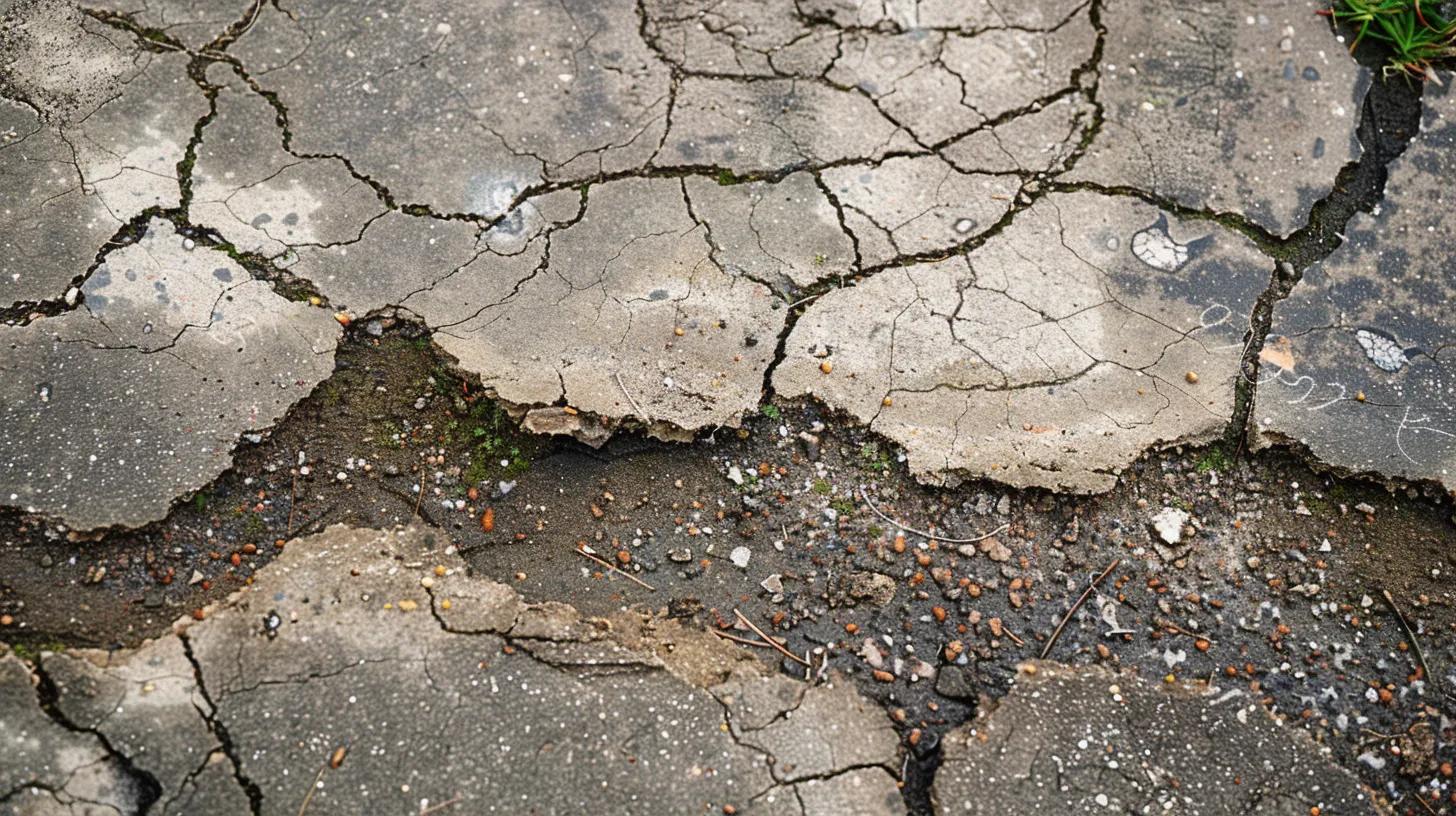 Cracked concrete driveway surface showing significant deterioration and exposed gravel, indicating potential need for replacement.