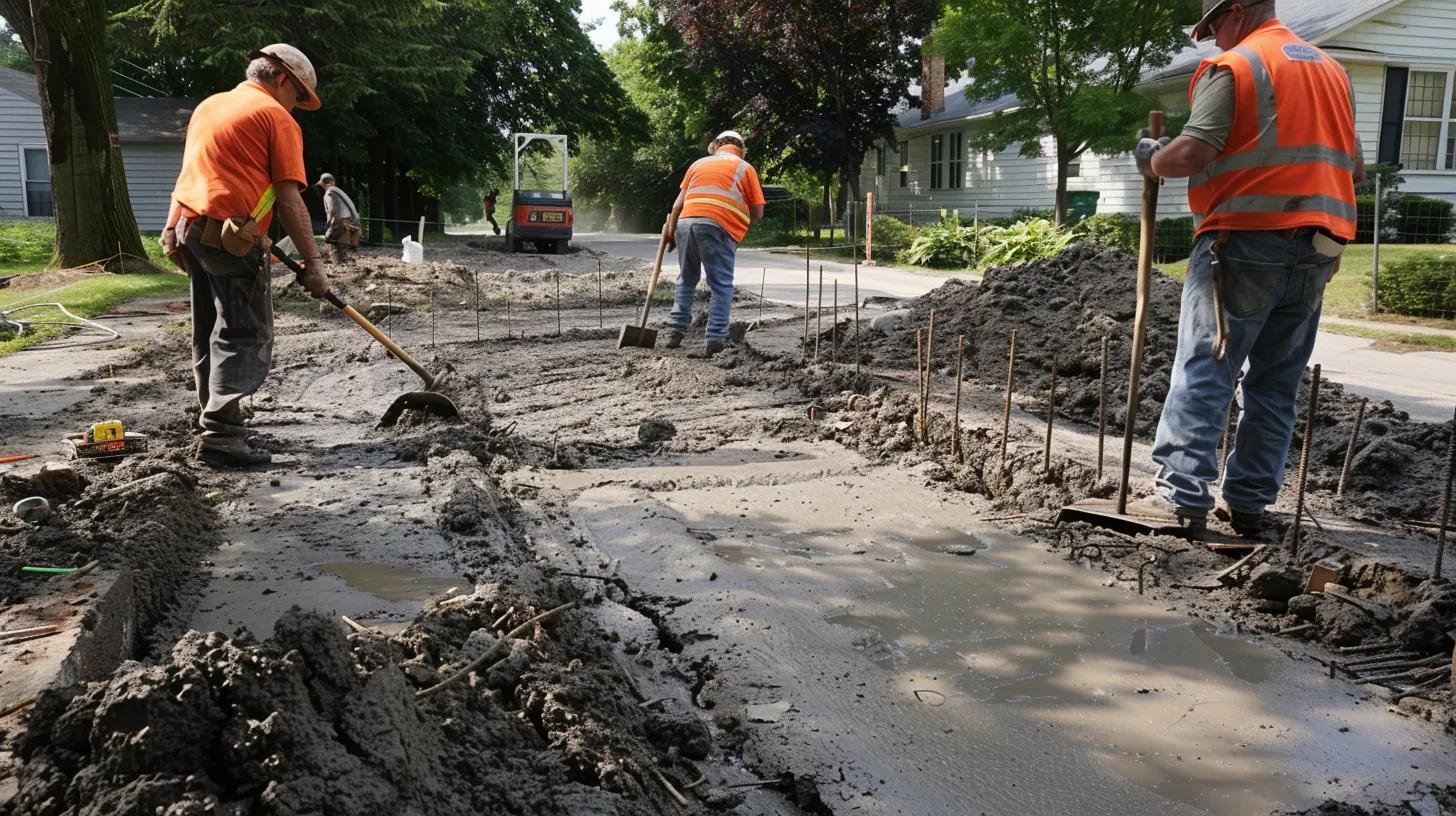 Construction workers pouring and leveling new concrete for a driveway replacement, showcasing proper site preparation and maintenance strategies.