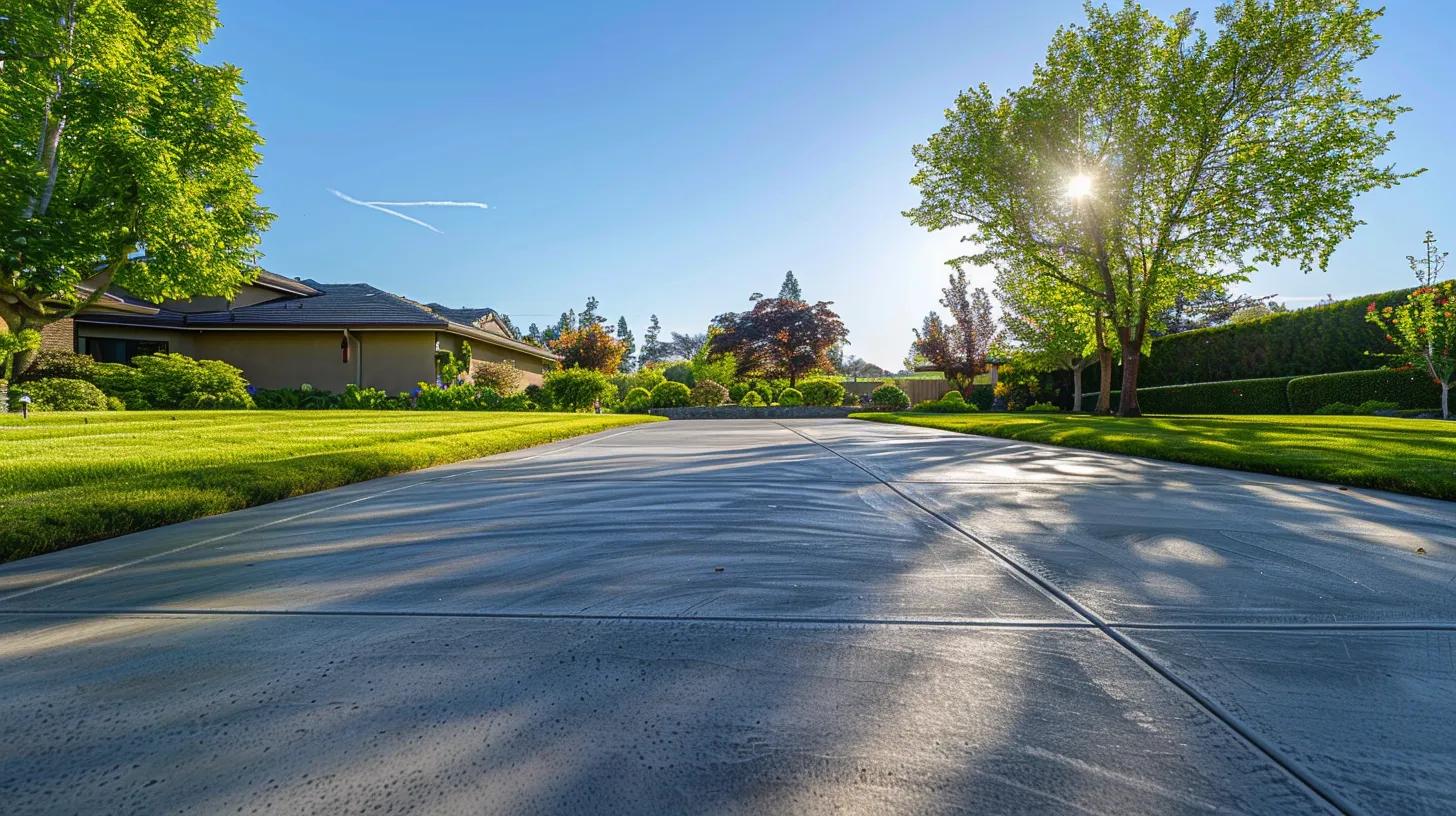 Concrete driveway in a residential setting, surrounded by lush green lawn and trees, illustrating a well-maintained surface suitable for homeowners considering driveway replacement.