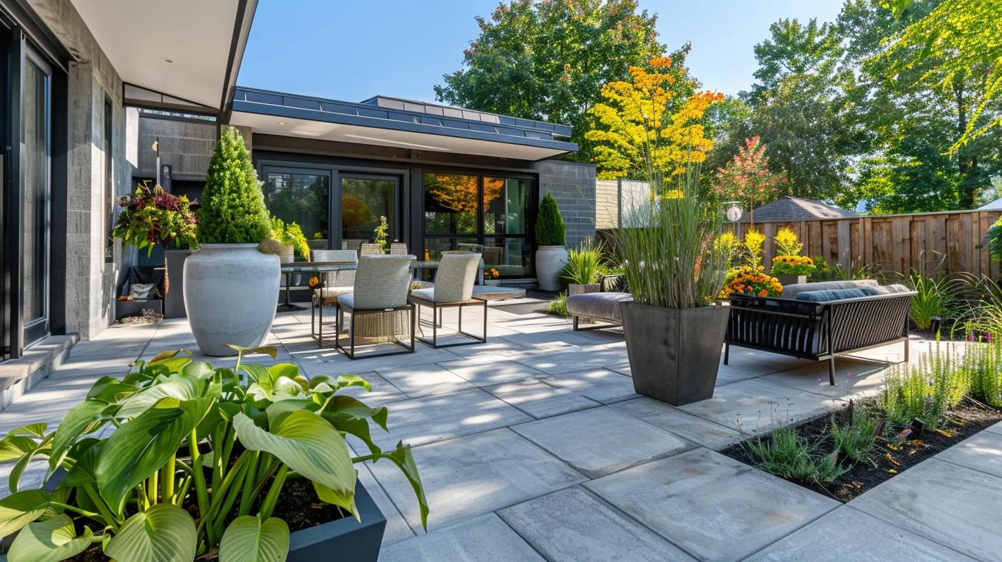Modern concrete patio with outdoor seating, planters, and vibrant landscaping, showcasing the benefits of a concrete patio for enhancing curb appeal and outdoor living space.
