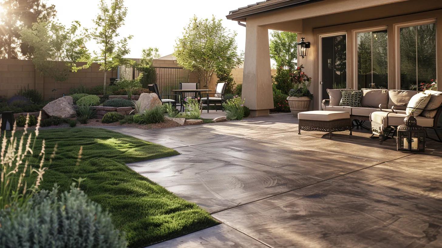 Concrete patio with stylish outdoor seating, lush landscaping, and natural stone accents, enhancing outdoor living space and curb appeal for potential home buyers.