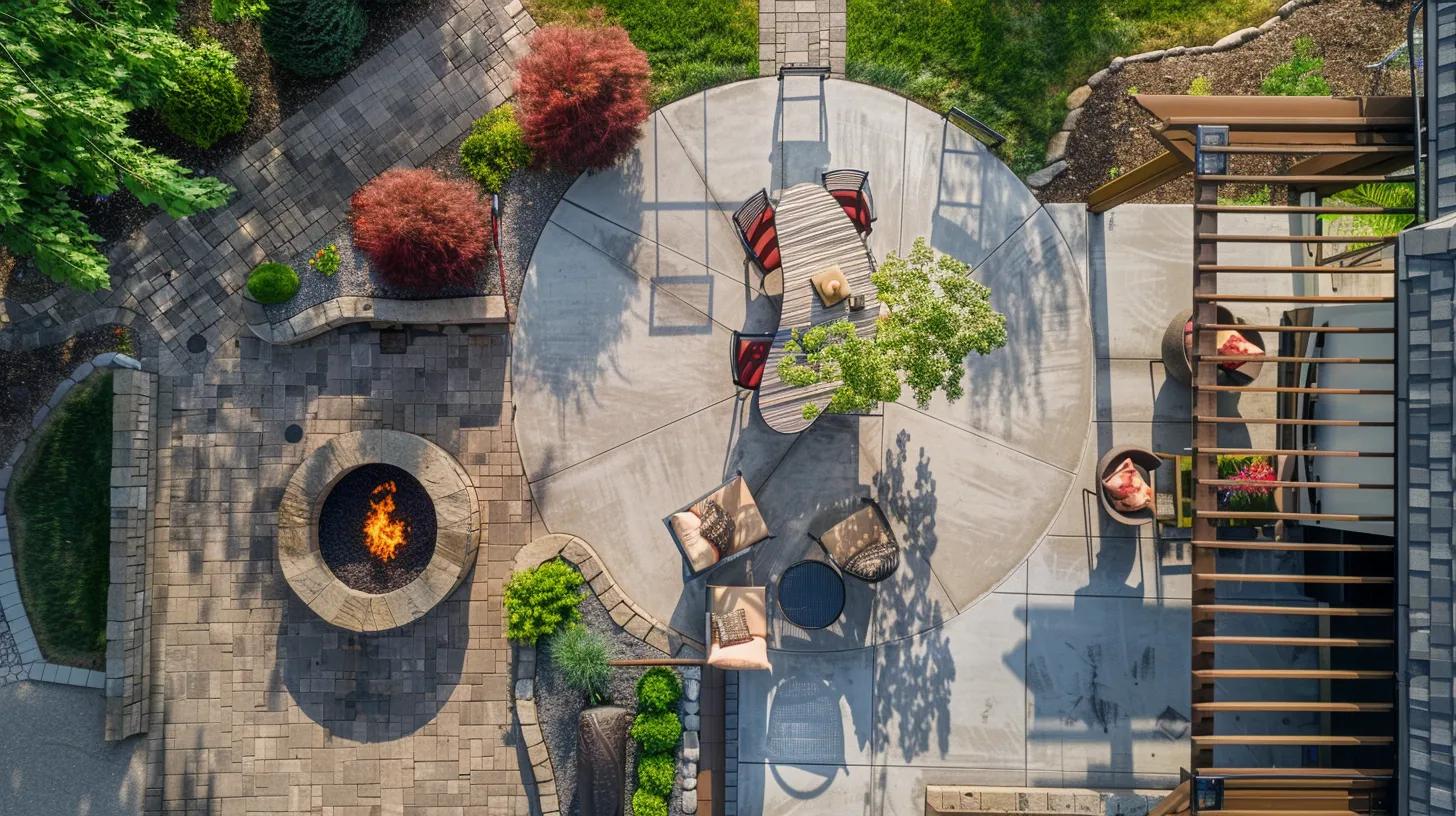 Aerial view of a modern concrete patio featuring a circular dining area with wooden table and red chairs, surrounded by lush landscaping, a fire pit, and comfortable seating, highlighting outdoor living space design for enhancing home value.