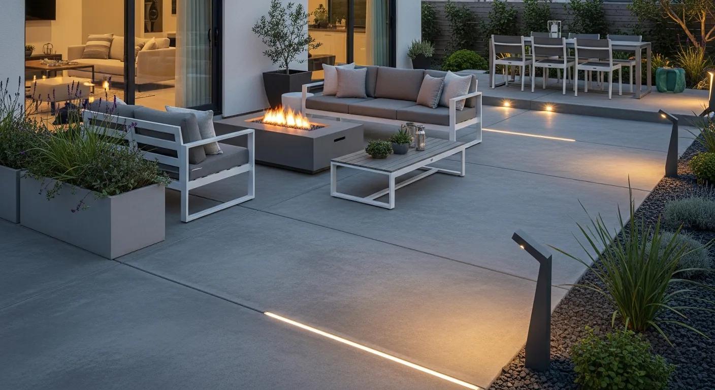 Modern concrete patio with stylish outdoor furniture, fire pit, and decorative planters, showcasing contemporary design elements for an inviting outdoor space.