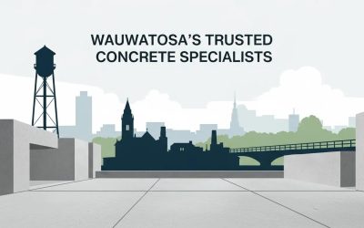 Wauwatosa's trusted concrete specialists logo with city skyline and water tower, emphasizing quality concrete services for outdoor spaces.