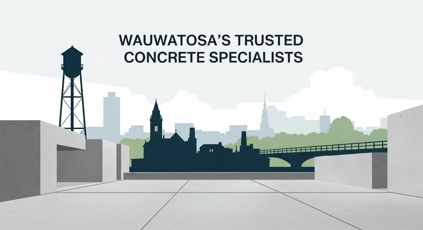 Wauwatosa's trusted concrete specialists with city skyline and water tower, emphasizing professional concrete services.