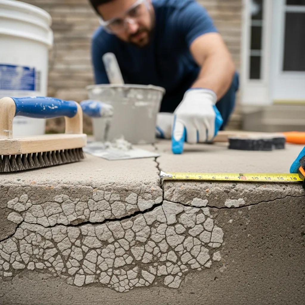 A contractor inspecting a damaged concrete step, highlighting the need for repair services and professional expertise