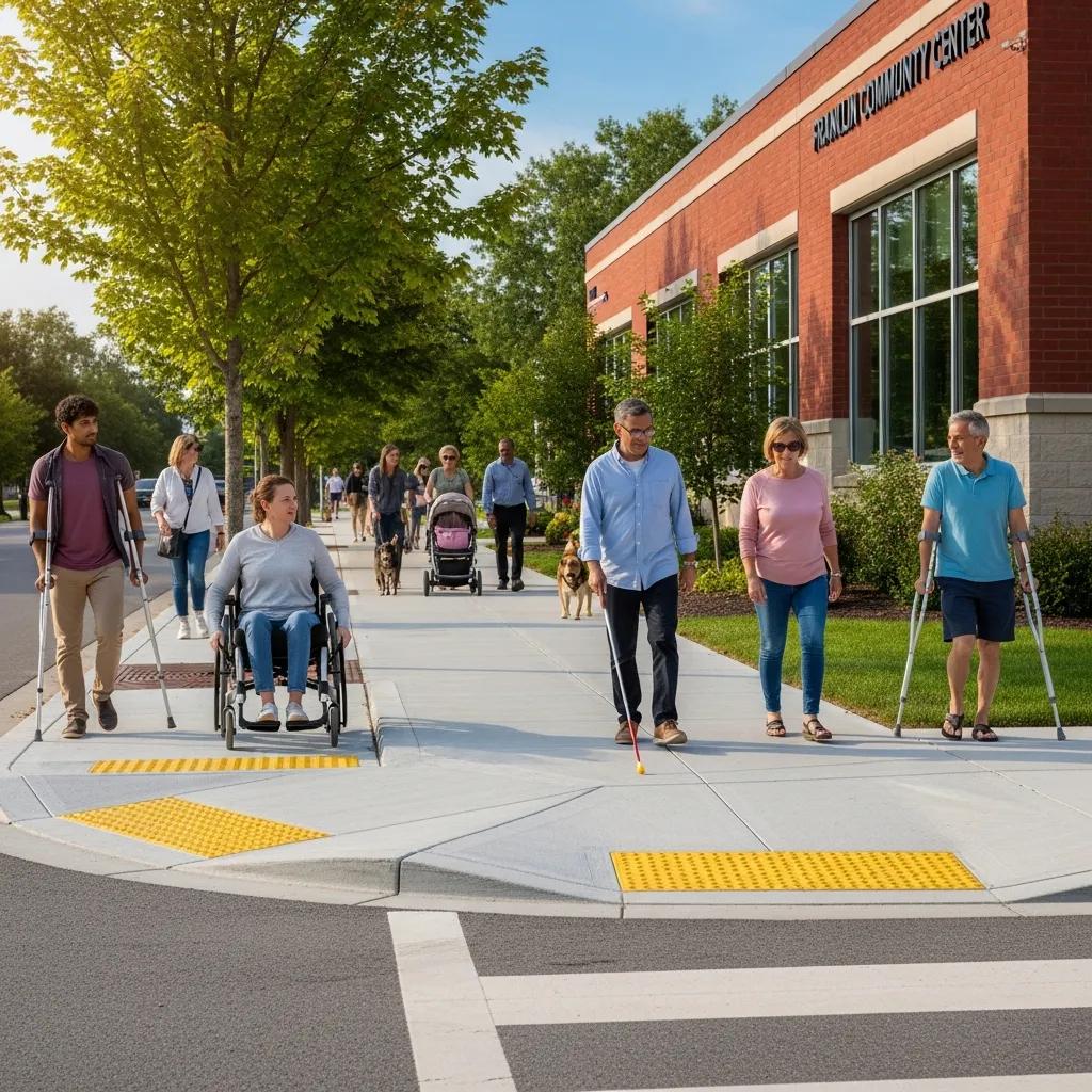 ADA-compliant sidewalk features in Franklin, WI, showcasing curb ramps and diverse pedestrians
