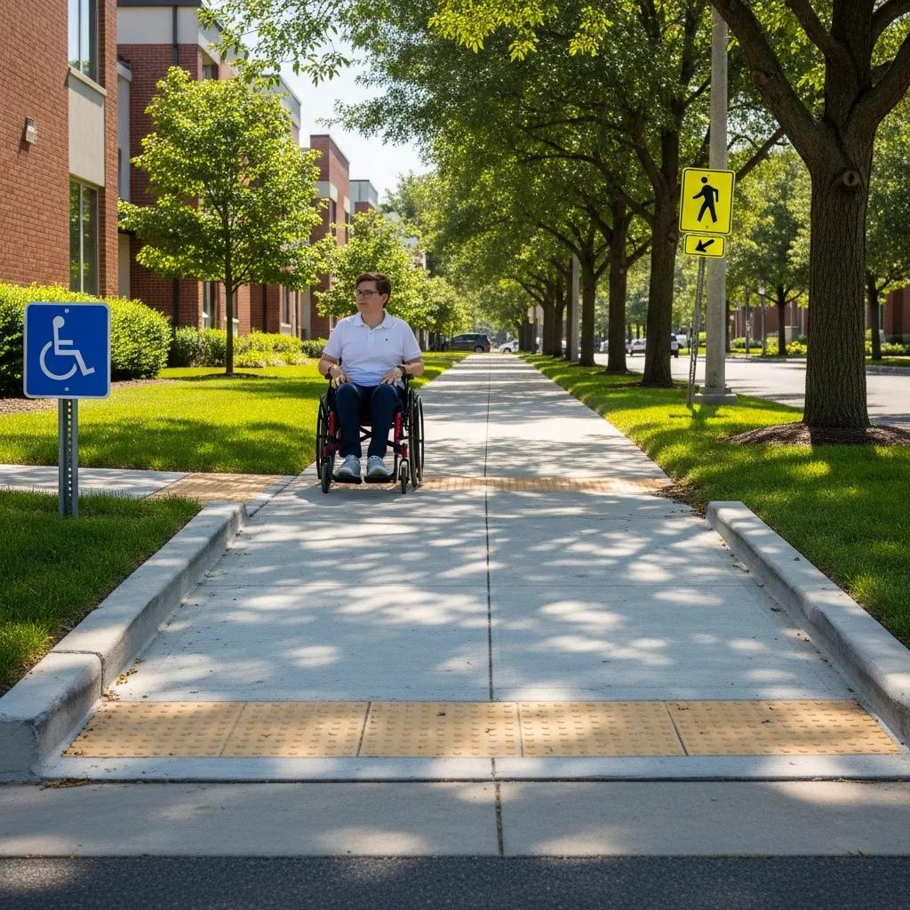 Person in wheelchair on ADA-compliant sidewalk with proper width, slope, and accessibility signage in a landscaped urban setting.