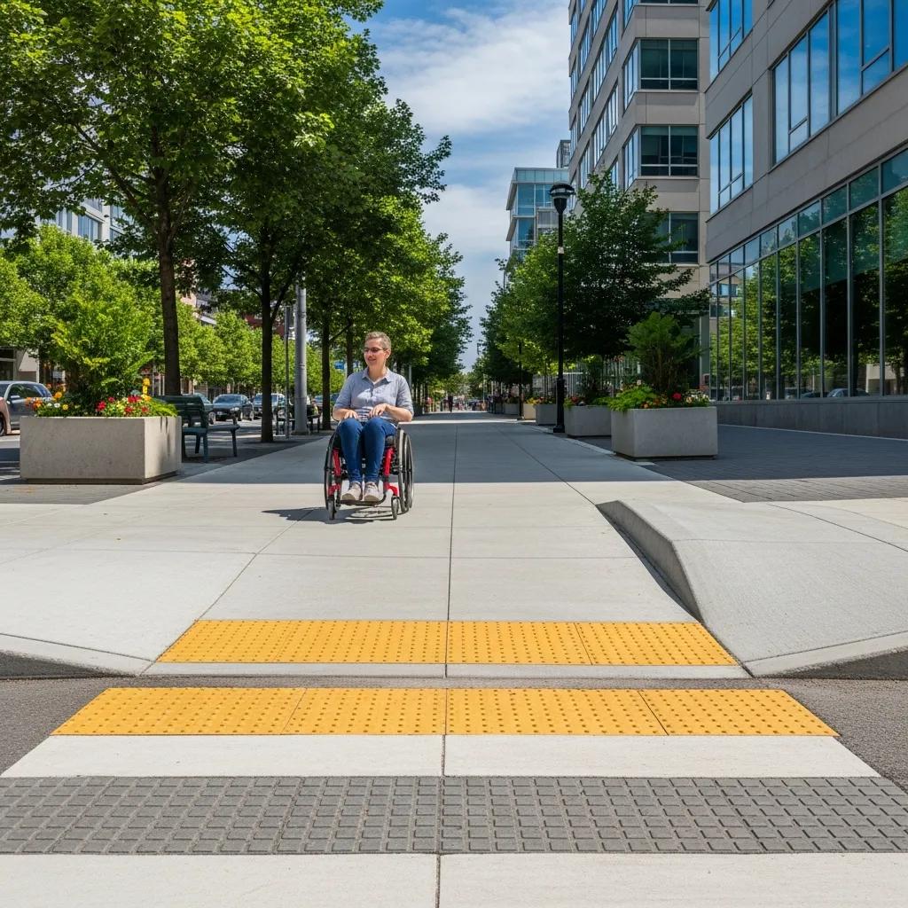 Wheelchair user navigating an ADA compliant sidewalk with curb ramps and tactile paving in an urban setting, highlighting accessibility features.
