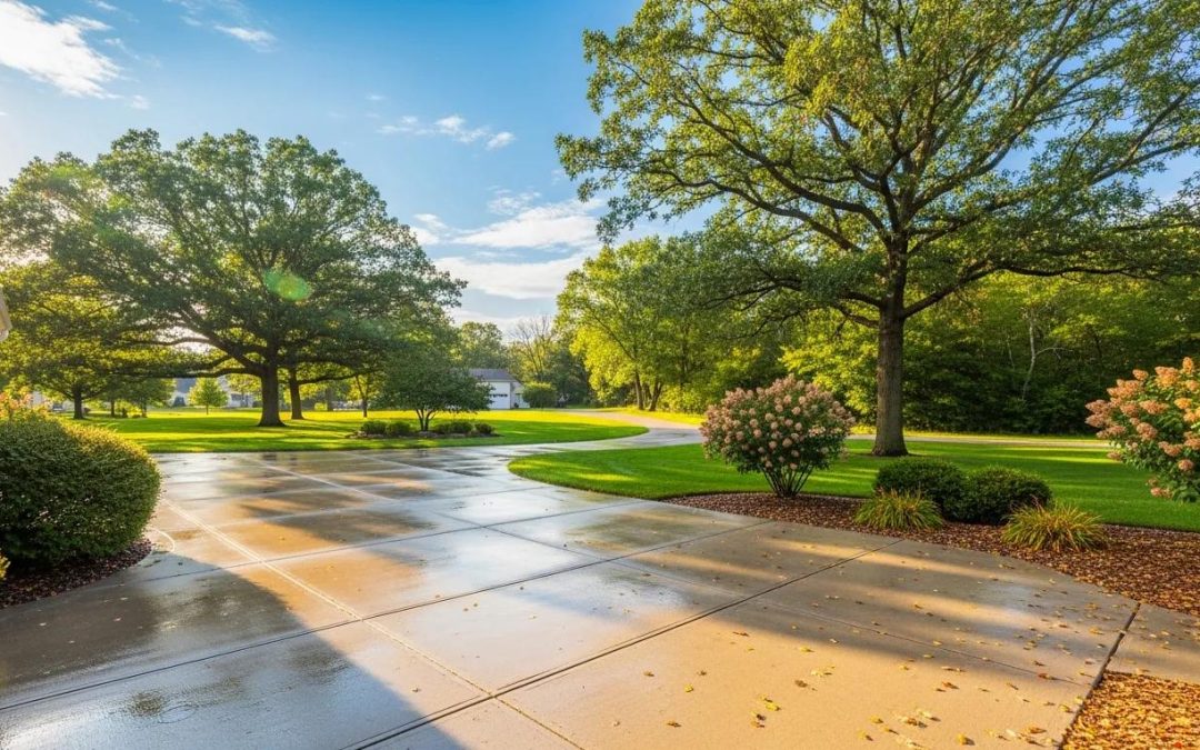 Beautiful concrete driveway and patio in Wisconsin, highlighting seasonal maintenance importance