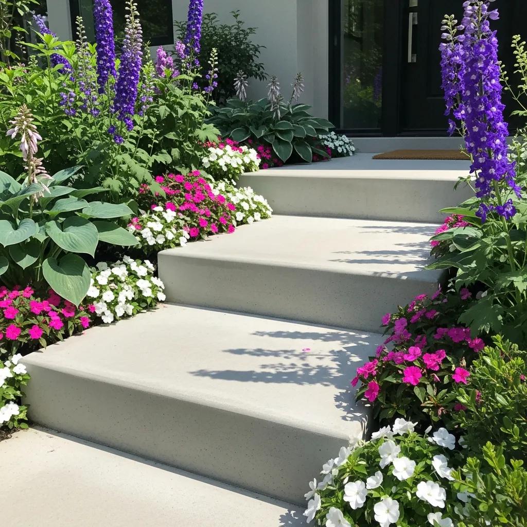 Beautifully installed concrete steps leading to a modern home entrance, surrounded by vibrant flowers and greenery, showcasing expert concrete craftsmanship in Franklin, WI.