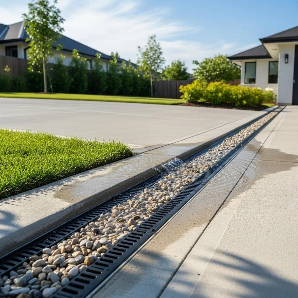 Channel drain installed on a concrete driveway effectively redirecting water