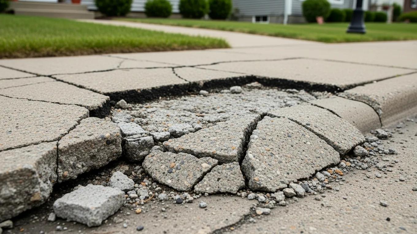 Close-up of damaged concrete sidewalk showing cracks and uneven surfaces