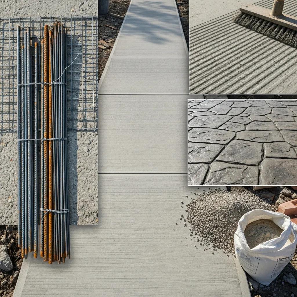 Close-up of materials and techniques for durable concrete walkways, including reinforcement bars and finishes