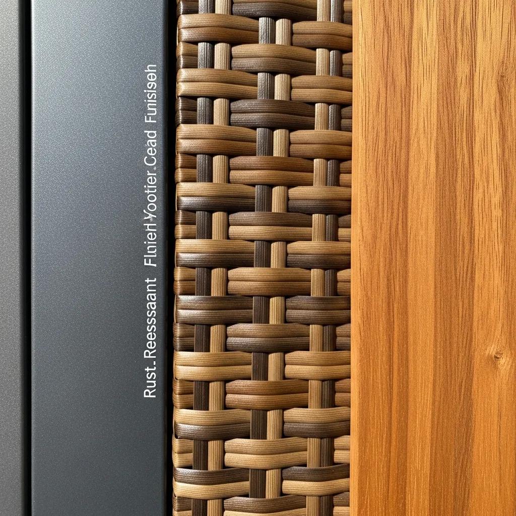 Close-up of weather-resistant patio furniture materials: metal, synthetic wicker, and treated wood, showcasing durability and design for outdoor settings.