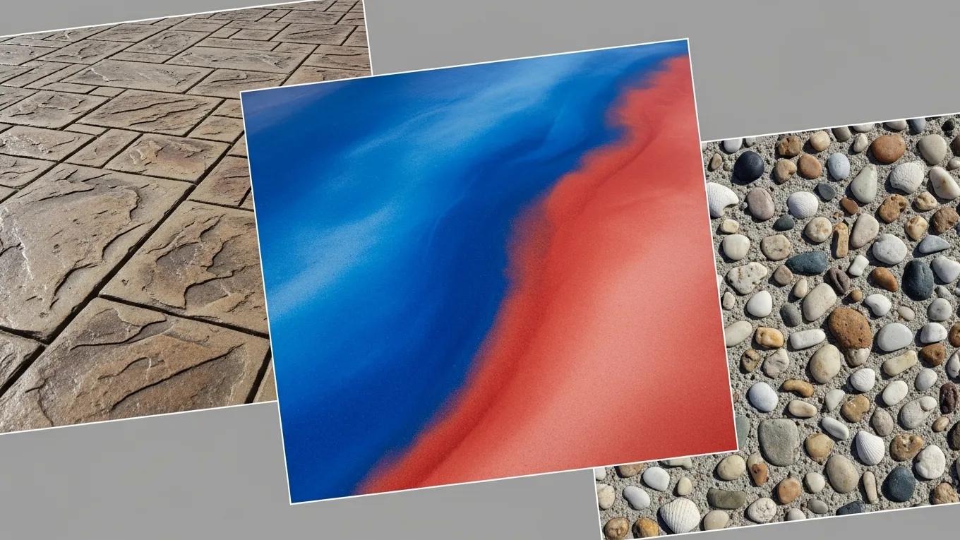 Collage of stamped, colored, and exposed aggregate concrete finishes