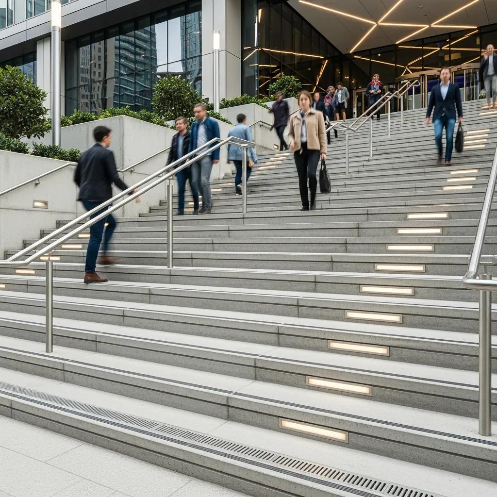 Commercial concrete staircase designed for high foot traffic at a busy building entrance