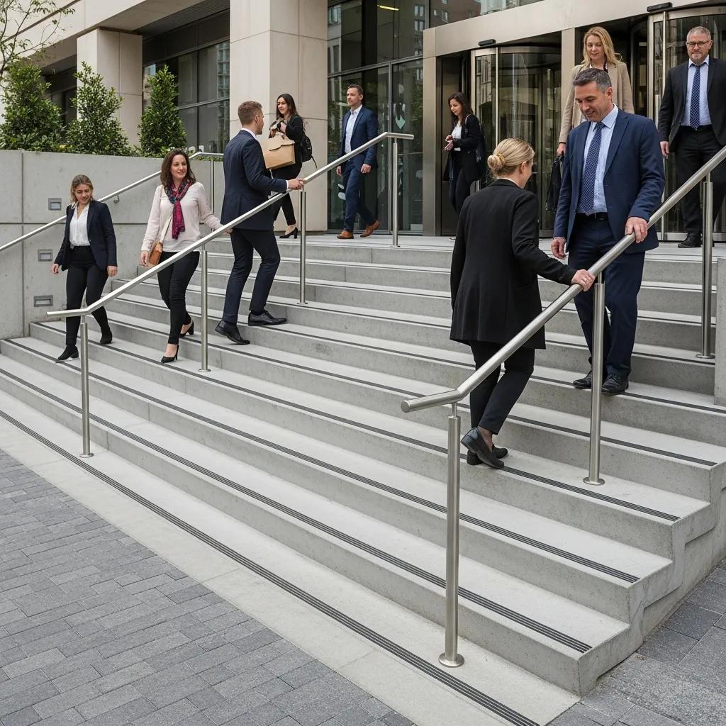 Commercial concrete steps with non-slip surfaces and handrails, featuring individuals navigating the steps, designed for safety and accessibility in a business environment.
