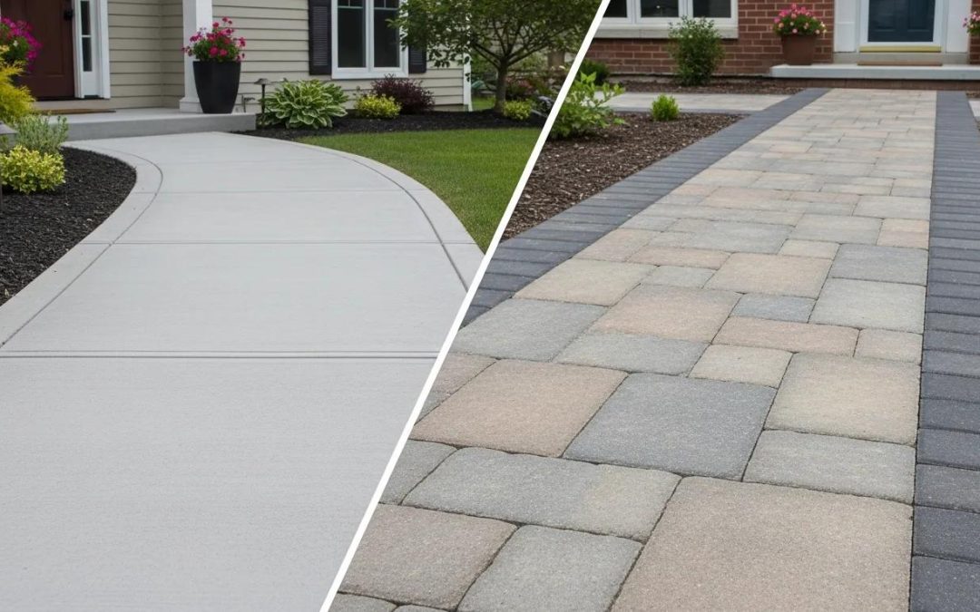 Comparison of concrete and paver walkways in a residential garden setting