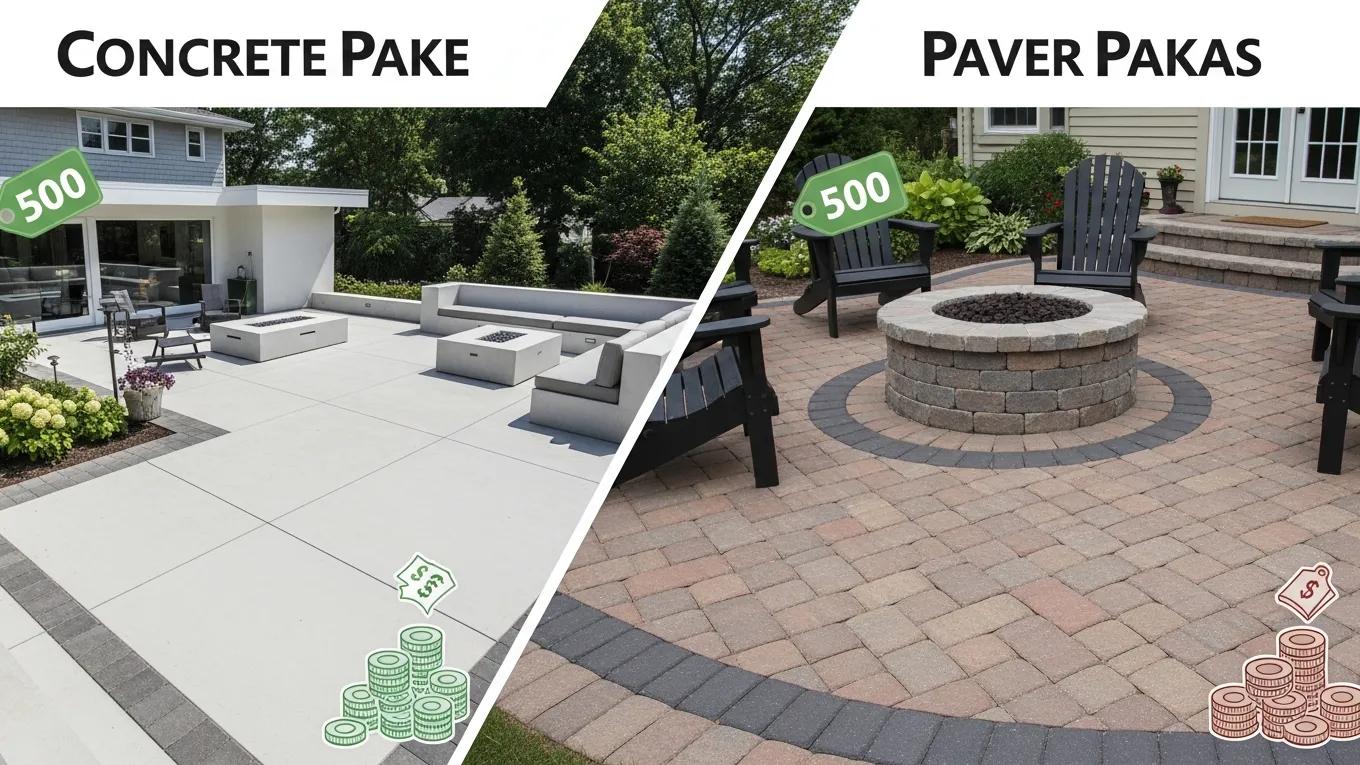 Comparison of concrete patio and paver patio, illustrating cost advantages and design differences