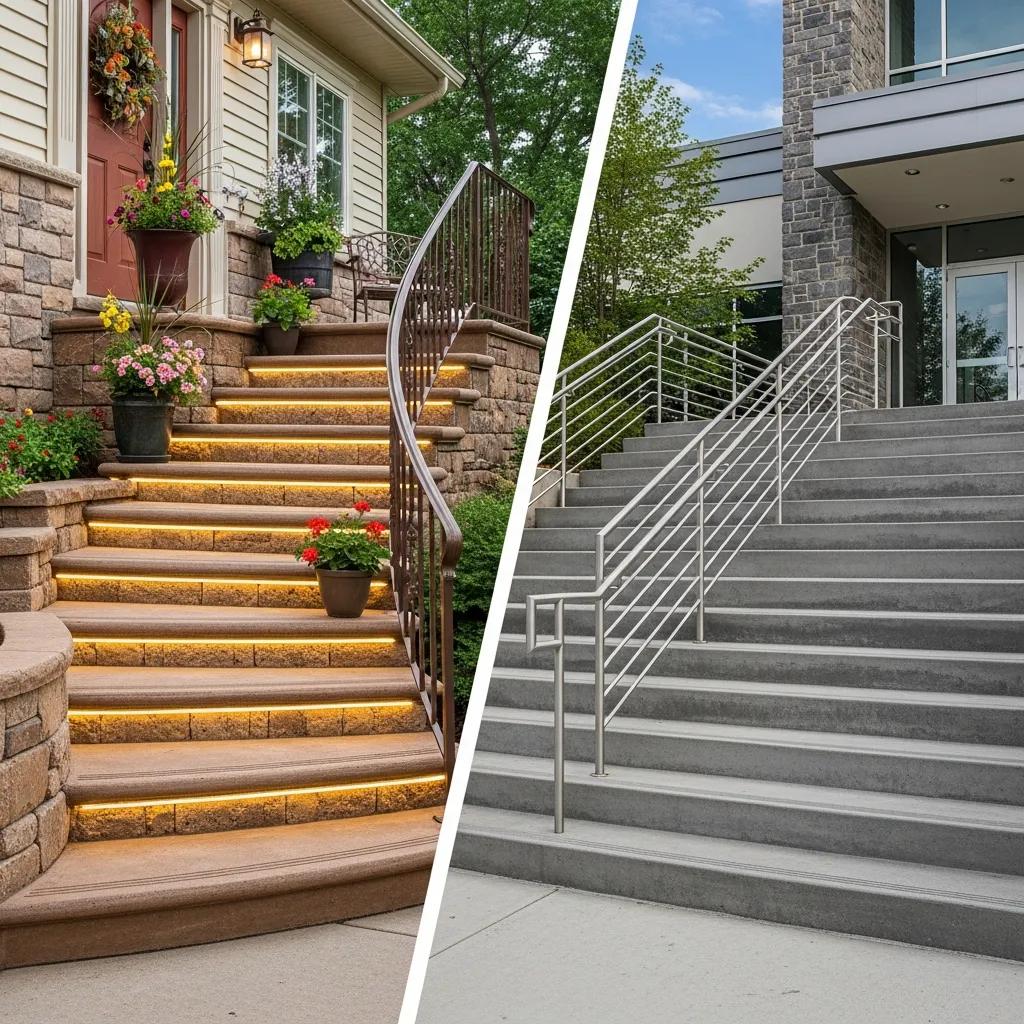 Comparison of residential and commercial concrete steps showcasing design differences
