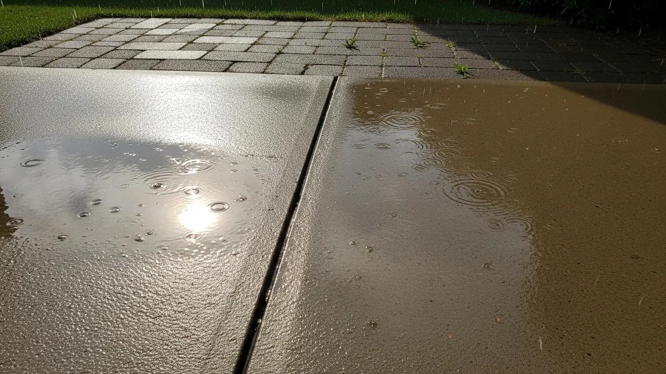 Concrete patio enduring weather conditions, showcasing durability and resilience compared to pavers