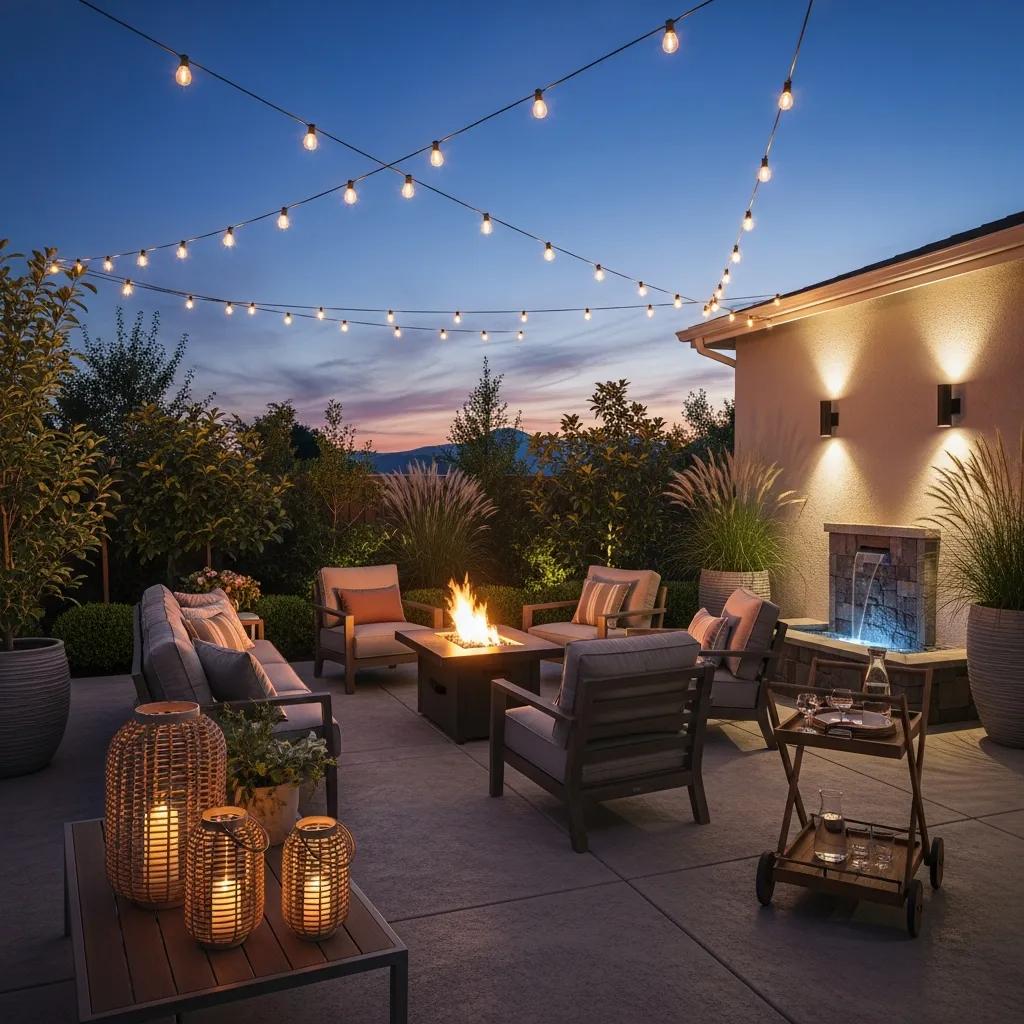 Concrete patio with outdoor seating, fire pit, string lights, and lush landscaping, enhancing the design for a cozy outdoor living space.