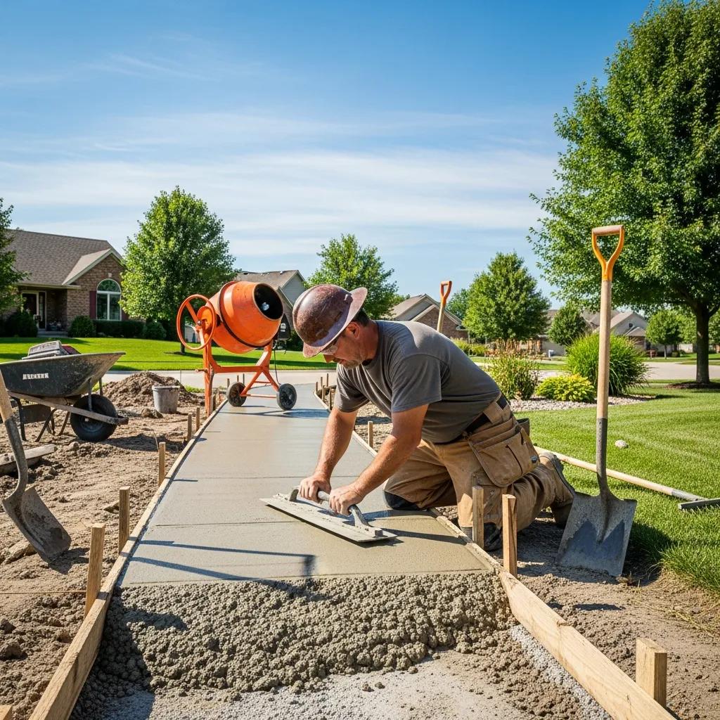 Man smoothing freshly poured concrete for sidewalk installation in Greenfield, WI, with professional tools and landscaping in the background.
